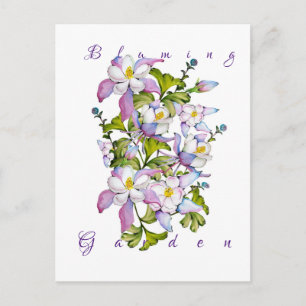 Colorful watercolor bouquet of columbine and green postcard