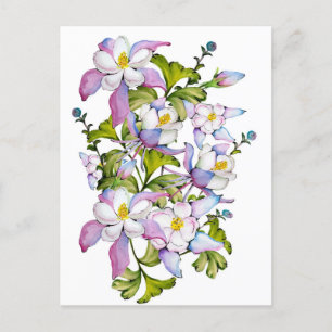 Colorful watercolor bouquet of columbine and green postcard