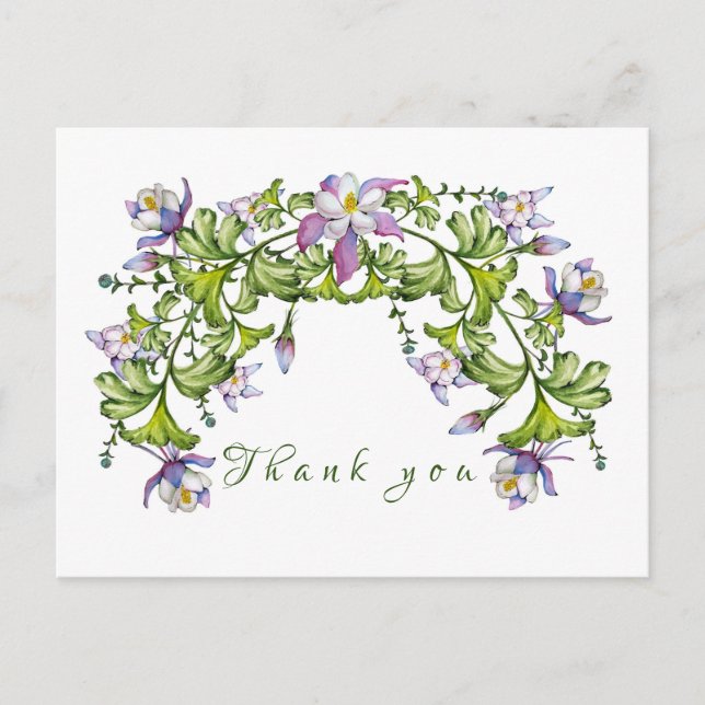 Colorful watercolor bouquet of columbine and green postcard (Front)