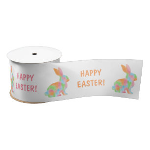 Colorful Watercolor Bunnies And Happy Easter Text Satin Ribbon