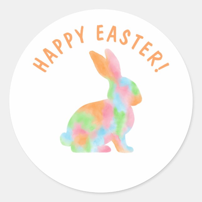Colorful Watercolor Bunny Happy Easter Classic Round Sticker (Front)