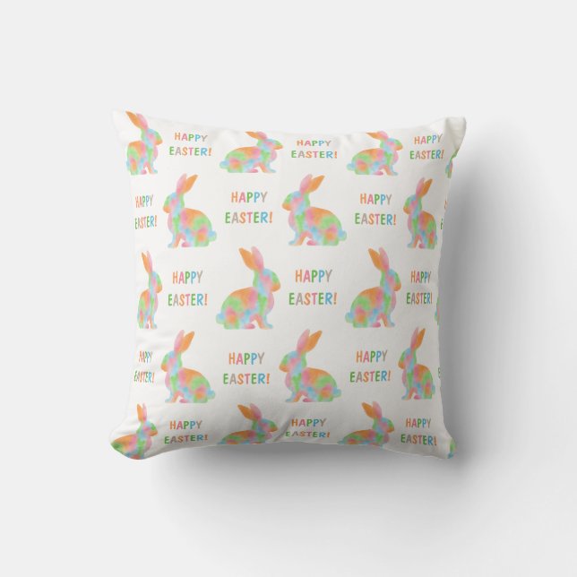 Colorful Watercolor Bunny Pattern Happy Easter Cushion (Front)