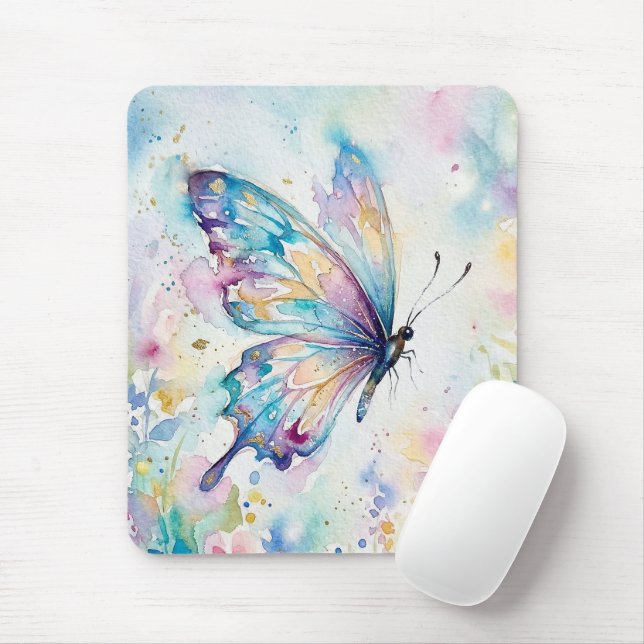 Colorful Watercolor Butterfly Floral Mouse Pad (With Mouse)