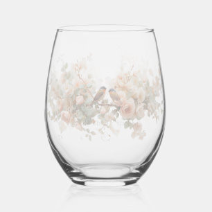 Colorful Watercolor Floral birds Bridal Shower Stemless Wine Glass