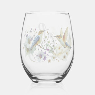 Colorful Watercolor Floral birds Hummingbird Harmo Stemless Wine Glass