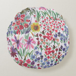 Colorful Watercolor Floral botanical Boho Garden   Round Cushion