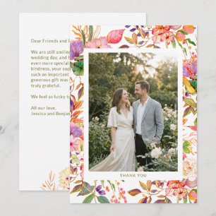 Colorful Watercolor Floral Custom Photo Wedding Thank You Card