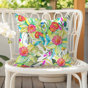 Colorful Watercolor Floral Daffodil Pattern Cushion