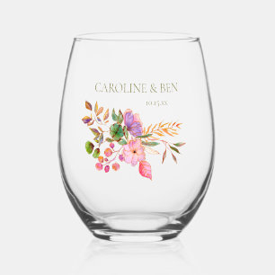 Colorful Watercolor Floral Elegant Custom Wedding Stemless Wine Glass