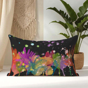 Colorful Watercolor Flowers on Black Lumbar Cushion