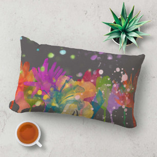 Colorful Watercolor Flowers on Dark Gray Lumbar Cushion