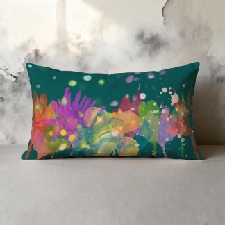 Colorful Watercolor Flowers on Green Lumbar Cushion