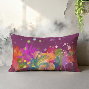 Colorful Watercolor Flowers on Purple Lumbar Cushion