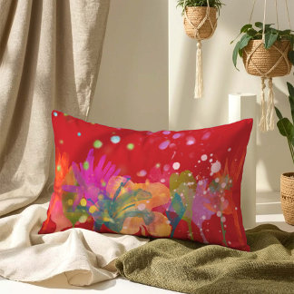 Colorful Watercolor Flowers on Red Lumbar Cushion