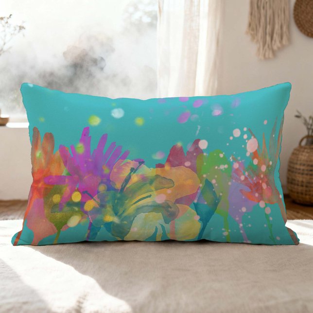 Colorful Watercolor Flowers on Turquoise Lumbar Cushion (Creator Uploaded)