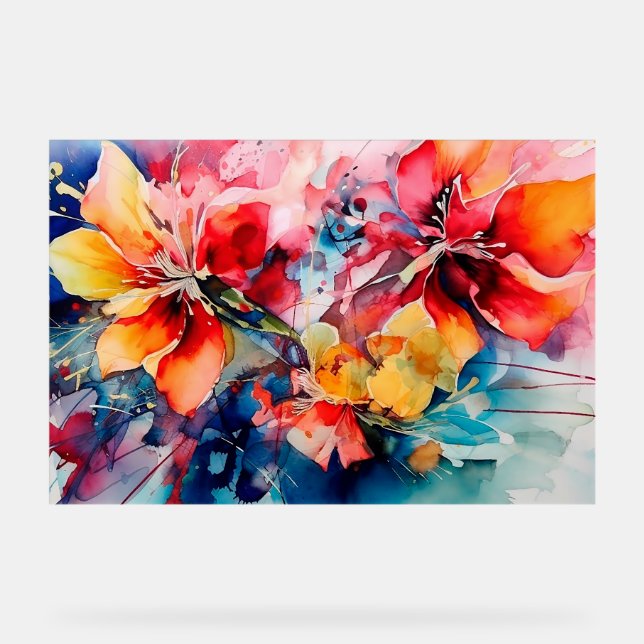 Colorful Watercolor Flowers Vibrant Art Acrylic Sign (Front)
