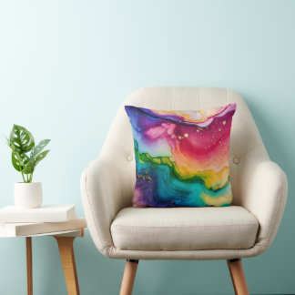 Colorful Watercolor Fluid Art Bright Gold Splashes Cushion