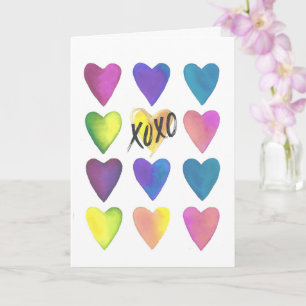 Colorful Watercolor Hearts XOXO Valentine’s Day  Card