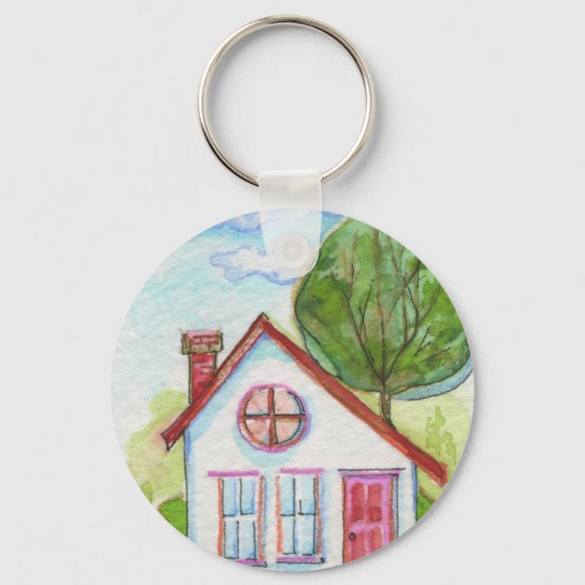 Colorful Watercolor House Key Ring (Front)