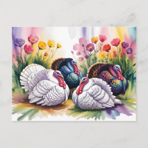 Colorful Watercolor Illustration of Turkeys Holiday Postcard