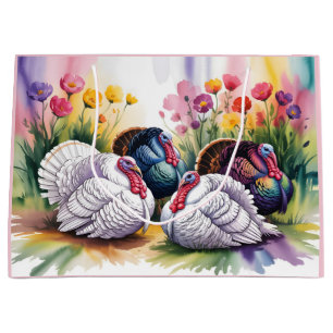 Colorful Watercolor Illustration of Turkeys  Large Gift Bag