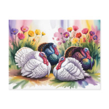 Colorful Watercolor Illustration of Turkeys 