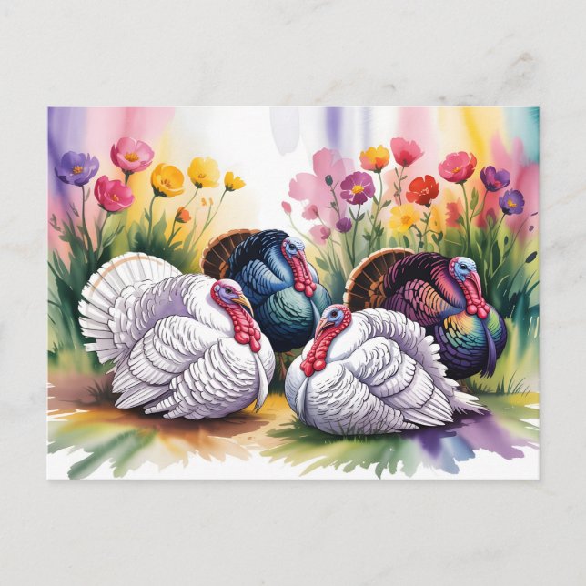 Colorful Watercolor Illustration of Turkeys  Postcard (Front)