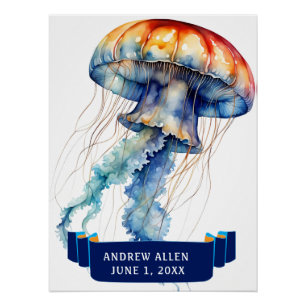 COLORFUL WATERCOLOR JELLYFISH WITH NAME Birthday Poster