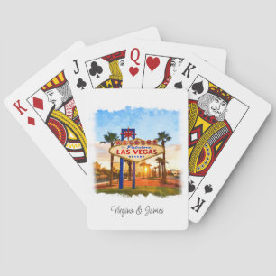 Colorful Watercolor Las Vegas Sign Wedding Playing Cards