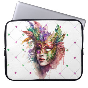 COLORFUL WATERCOLOR MARDI GRAS MASK LAPTOP SLEEVE