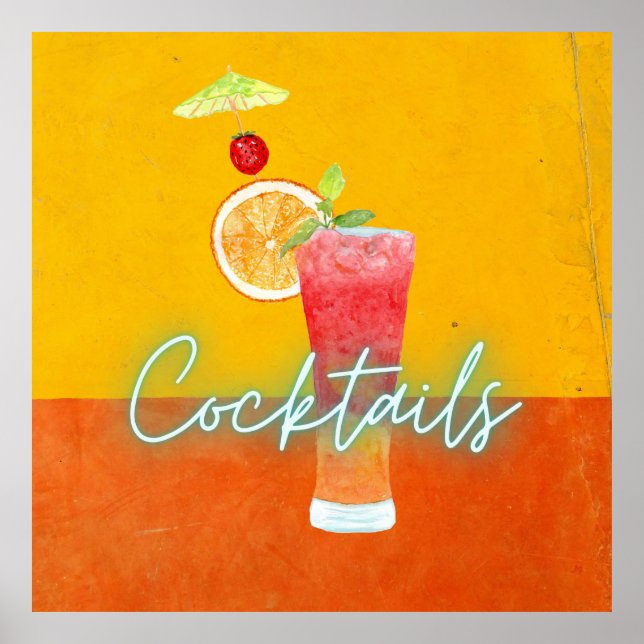 Colorful Watercolor & Neon Tropical Cocktails Poster (Front)