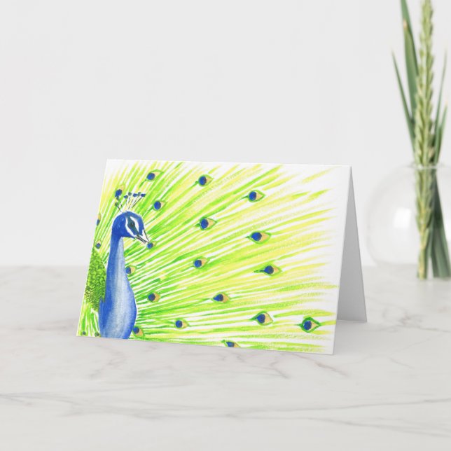 Colorful Watercolor Peacock Note Card (Front)