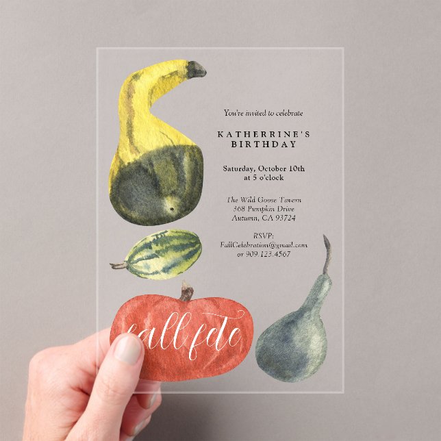 Colorful Watercolor Pumpkins Autumn Birthday Party Acrylic Invitations (Insitu (Handheld))