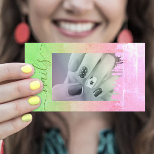 Colorful Watercolor Rainbow Nails Photo Template Business Card