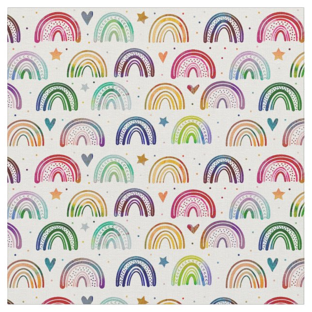 Colorful Watercolor Rainbows hearts & star pattern Fabric (Close Up)