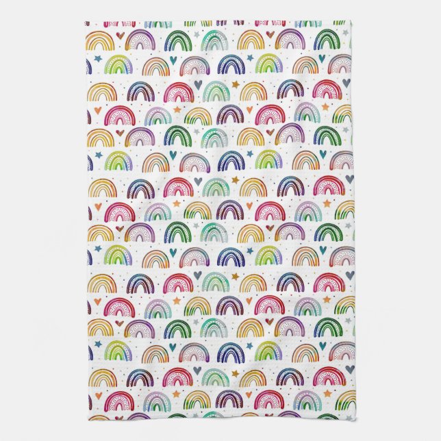 Colorful Watercolor Rainbows hearts & star pattern Tea Towel (Vertical)