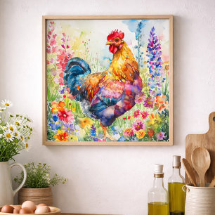 Colorful Watercolor Rooster Farmhouse Floral Poster