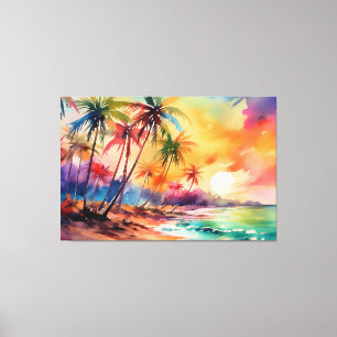 Colorful watercolor sunset Tropical XL art Canvas Print