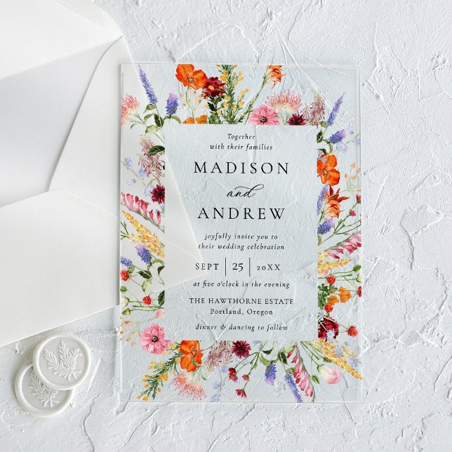Colorful Watercolor Wildflower Wedding Acrylic Invitations (Creator Uploaded)