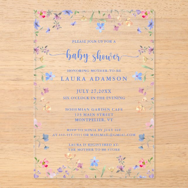 Colorful Watercolor Wildflowers Baby Shower Acrylic Invitations (Front)