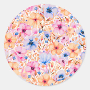 Colorful Watercolor Wildflowers Floral Pattern Classic Round Sticker