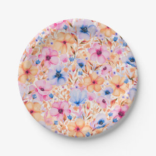 Colorful Watercolor Wildflowers Floral Pattern Paper Plate
