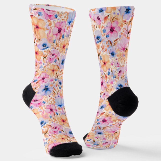 Colorful Watercolor Wildflowers Floral Pattern Socks (Angled)