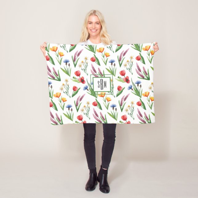Colorful Watercolor Wildflowers Pattern Fleece Blanket (In Situ)