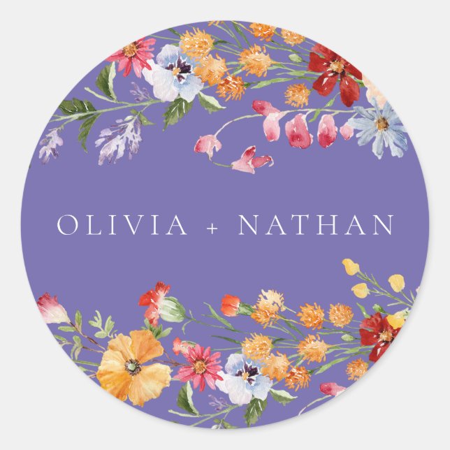 Colorful Watercolor Wildflowers Purple Wedding Classic Round Sticker (Front)