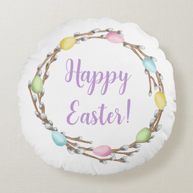 Colorful Watercolor Willow Wreath Happy Easter Round Cushion (Front)