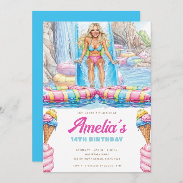 Colorful Waterpark Girl Teen Birthday Invitation (Front/Back)