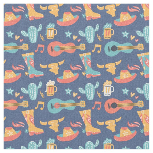 Colorful Western Images on Blue Fabric (Close Up)