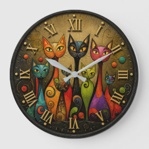 Colorful Whimsical Cats Large Clock