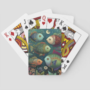 Colorful Whimsical Fish Under the Moon Playing Cards